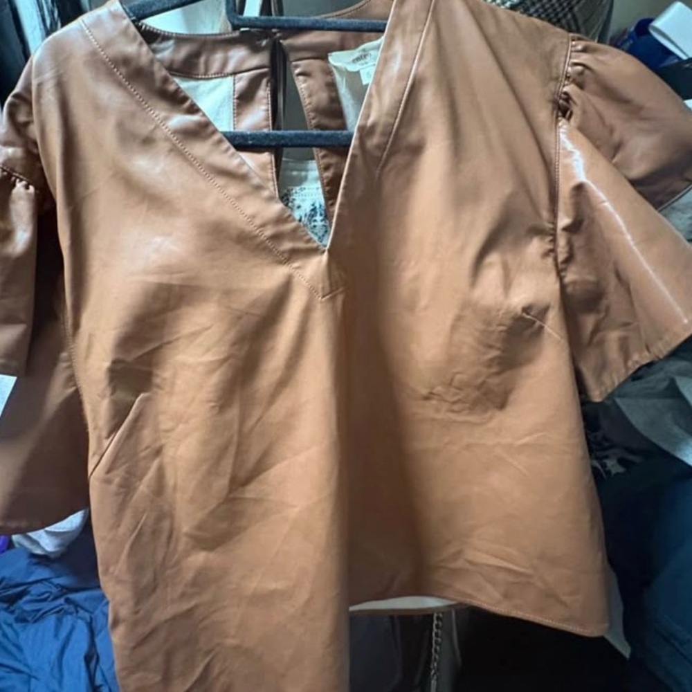 Entro Tan V-Neck Faux Leather Blouse